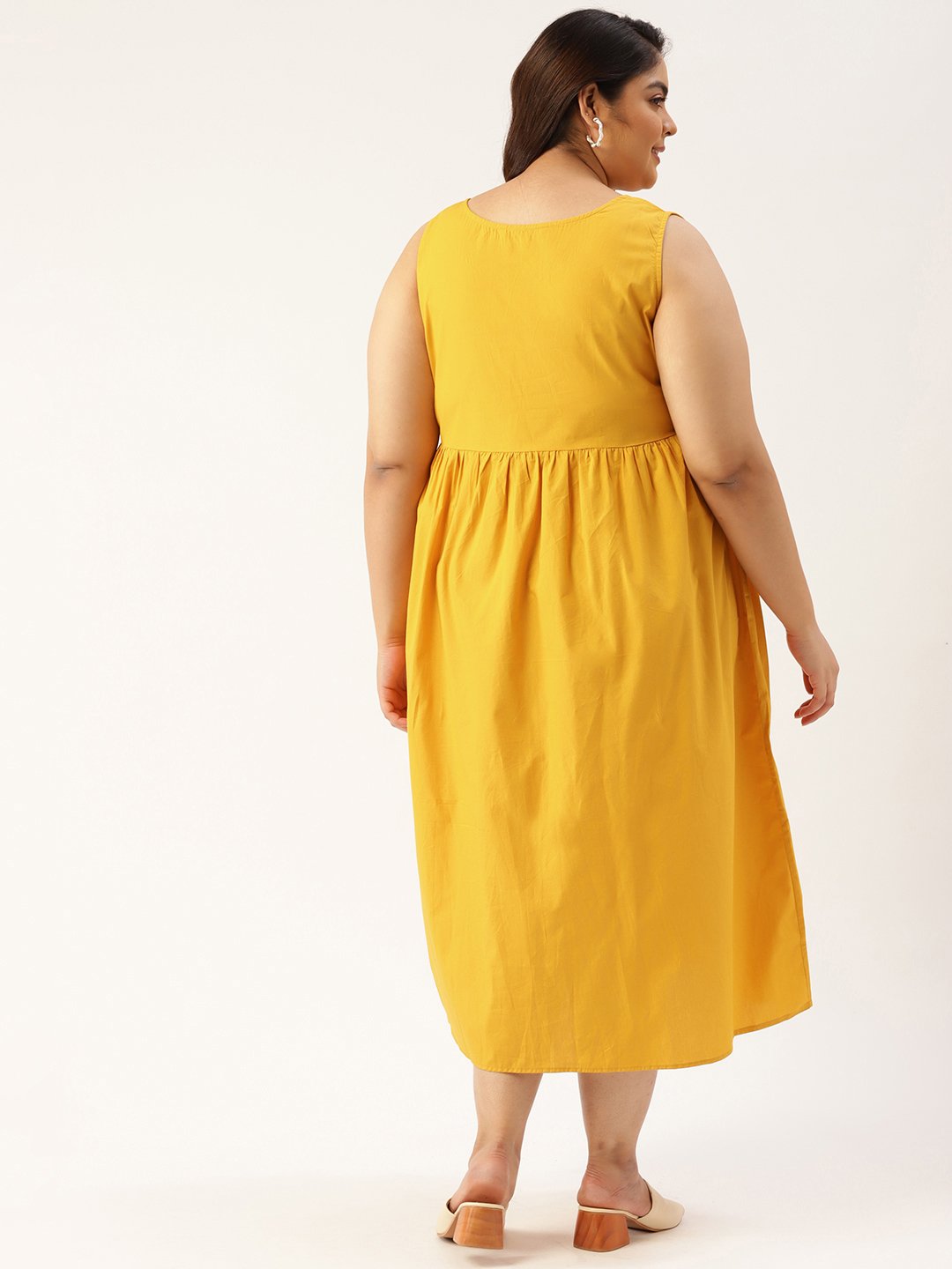 Women's Plus Size Mustard Solid Color A-Line Midi Dress
