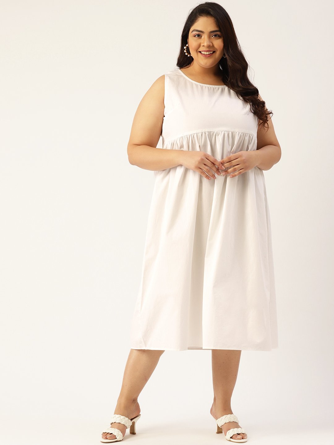 Women's Plus Size White Solid Color A-Line Midi Dress