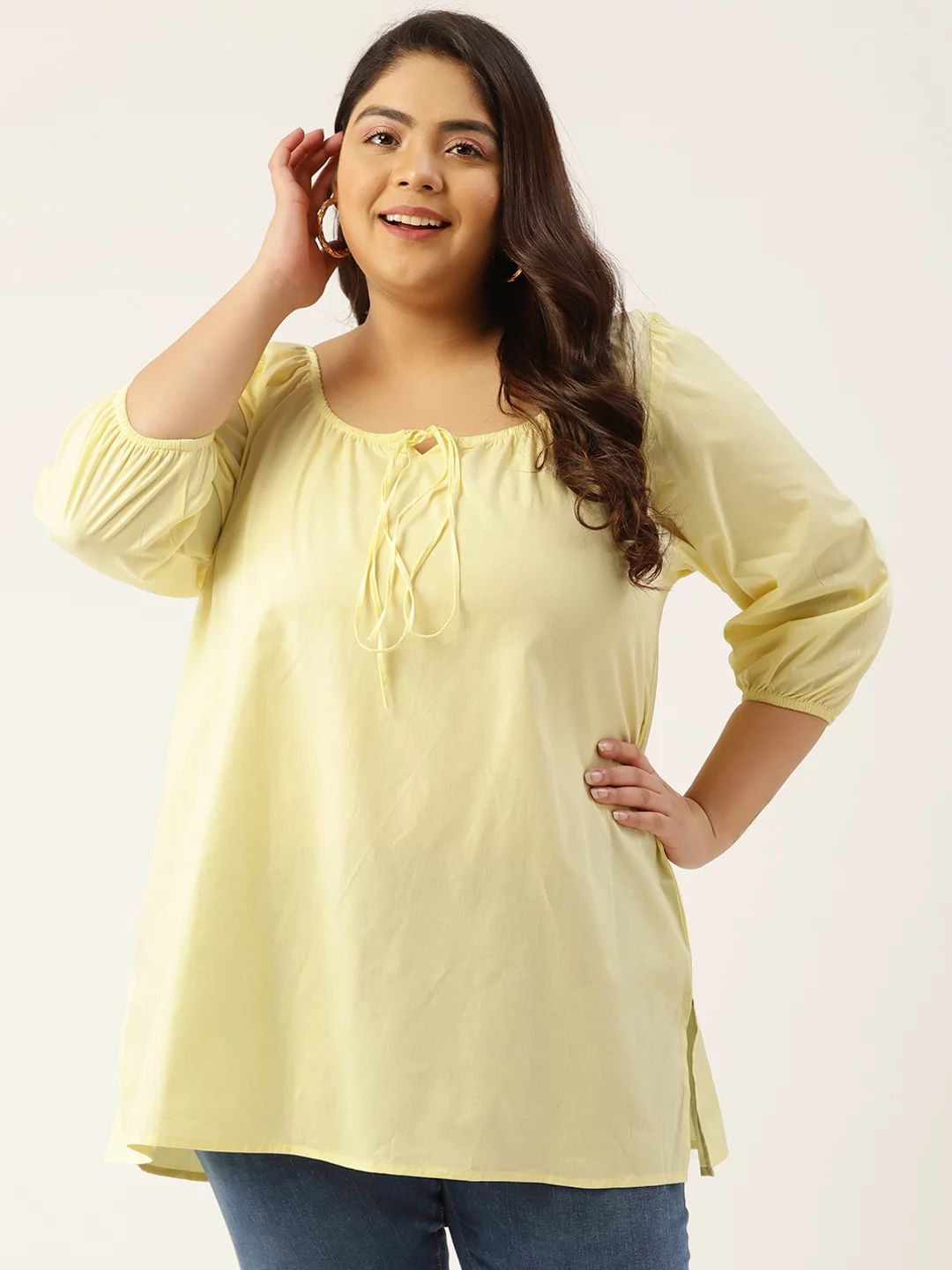Women's Plus Size Lime Solid Color Tie-Up Neck Regular Top