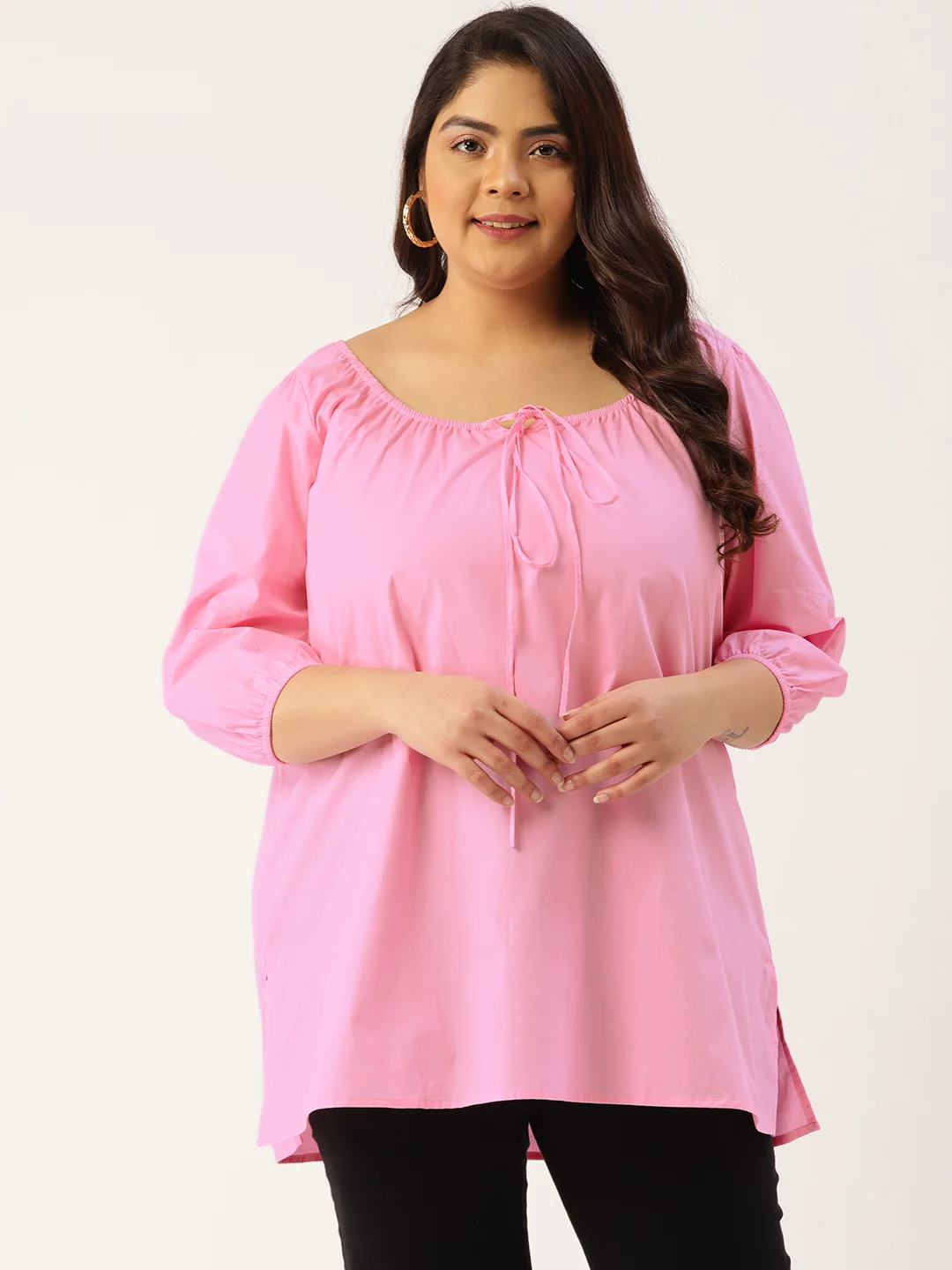 Women's Plus Size Pink Solid Color Tie-Up Neck Regular Top