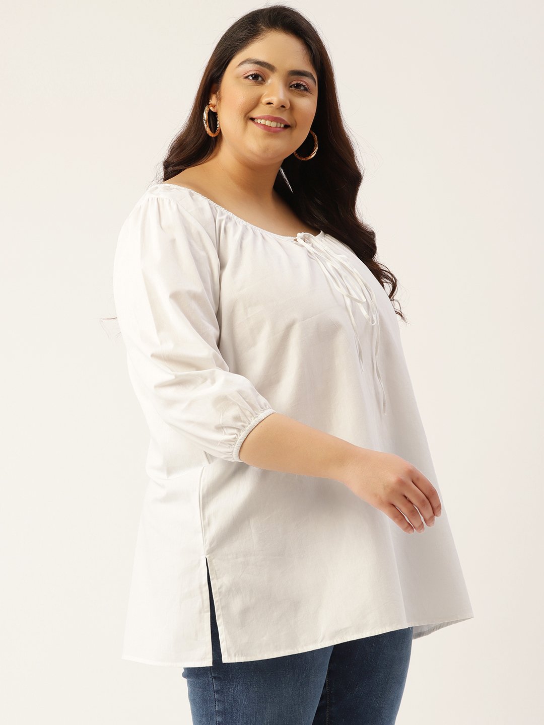 Women's Plus Size White Solid Color Tie-Up Neck Regular Top