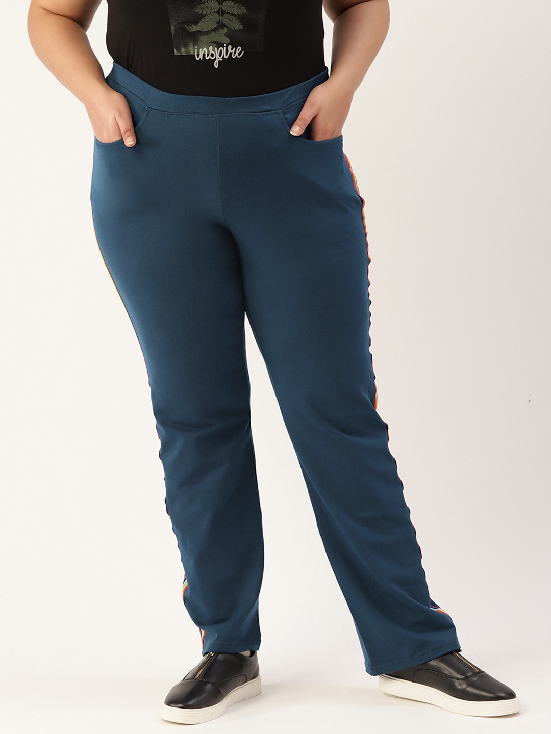 Women's Plus Size Ink Blue Solid Color Straight Fit Trouser