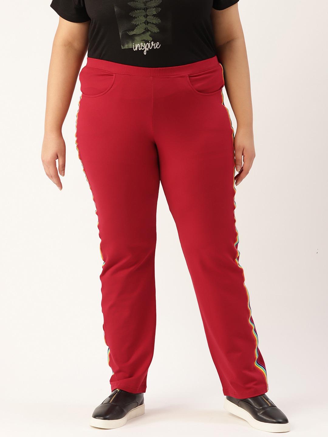 Women's Plus Size Maroon Solid Color Straight Fit Trouser