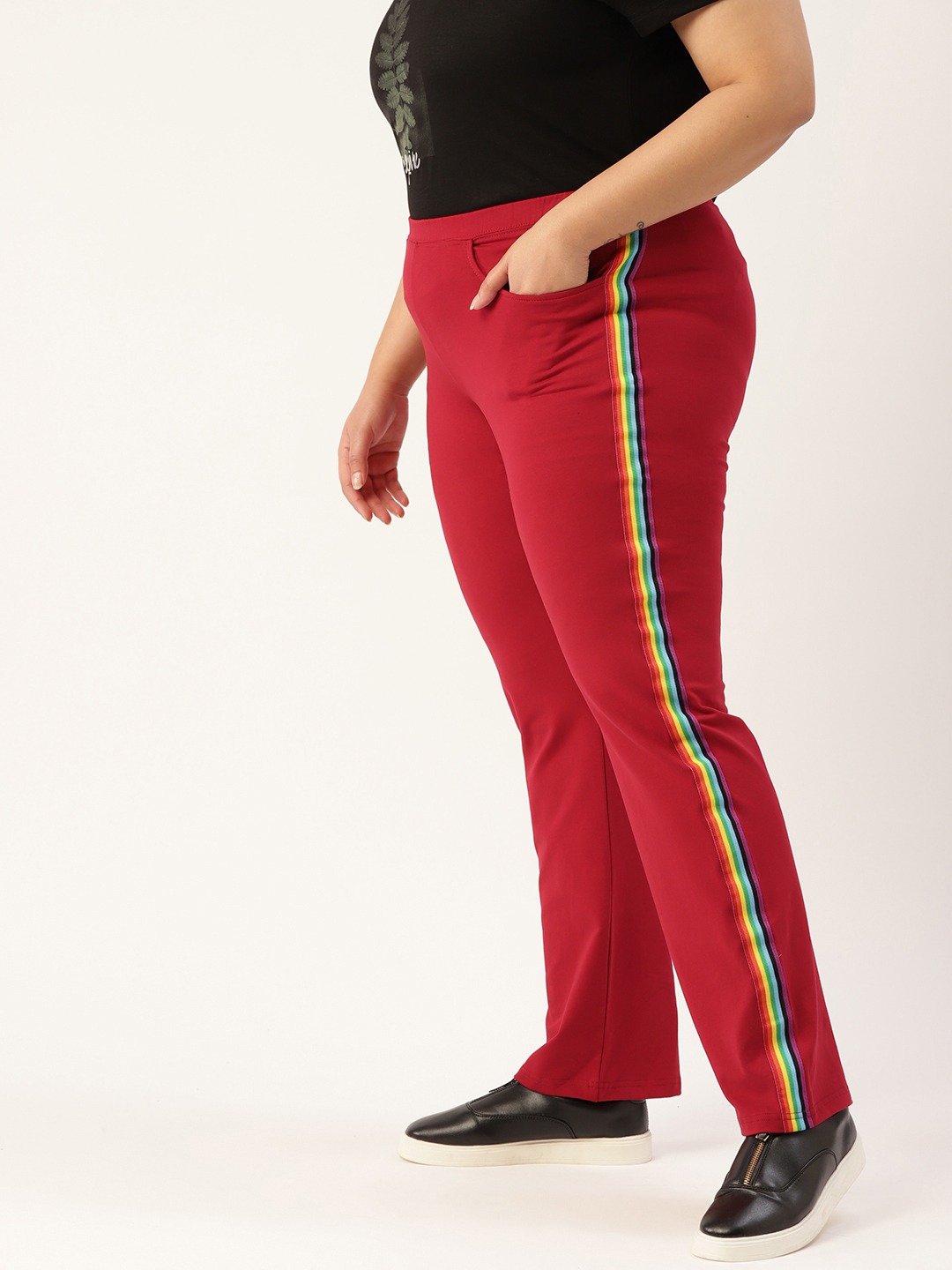 Women's Plus Size Maroon Solid Color Straight Fit Trouser
