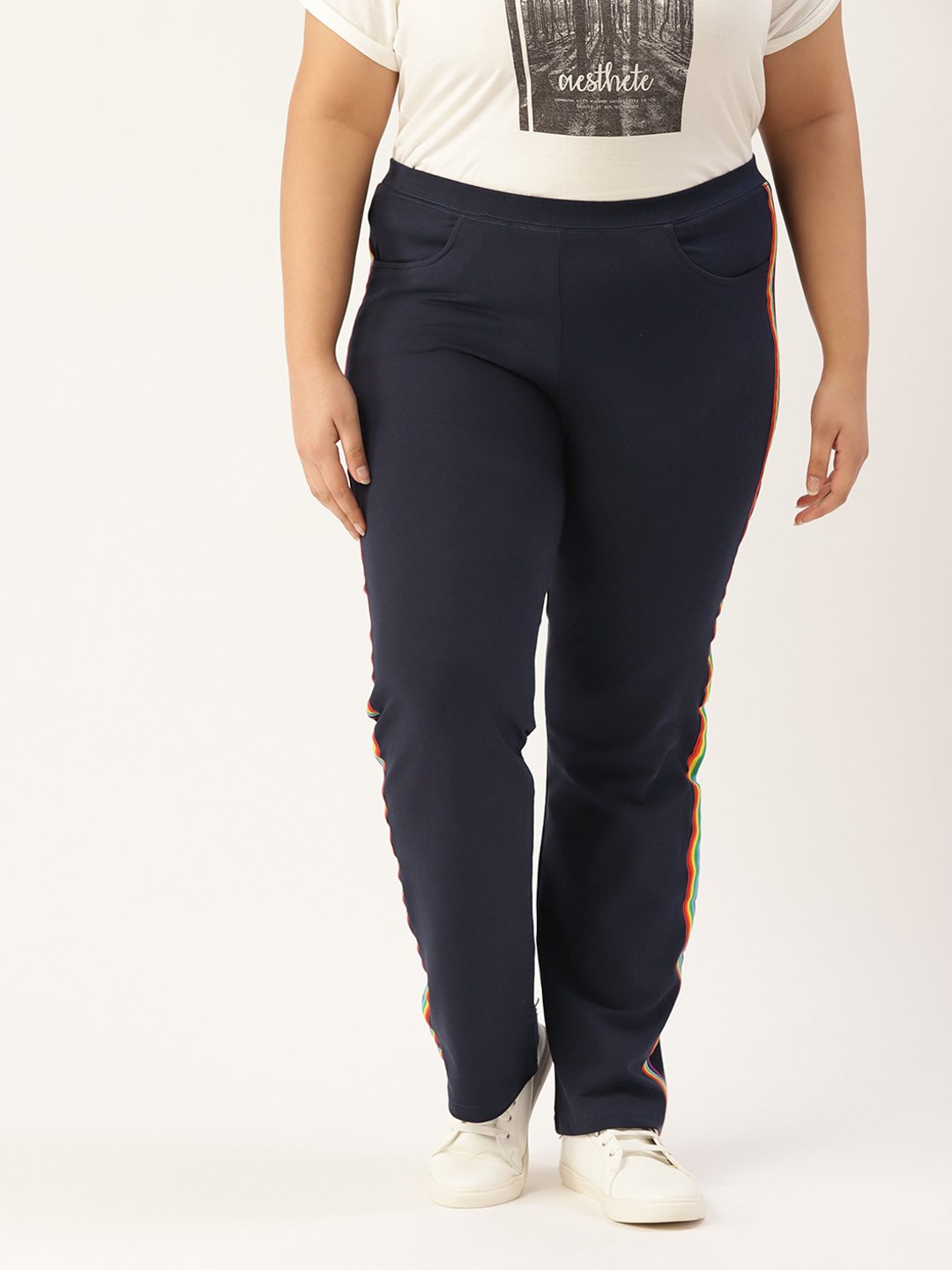 Women's Plus Size Olive Green Solid Color Trousers With Side Stripes