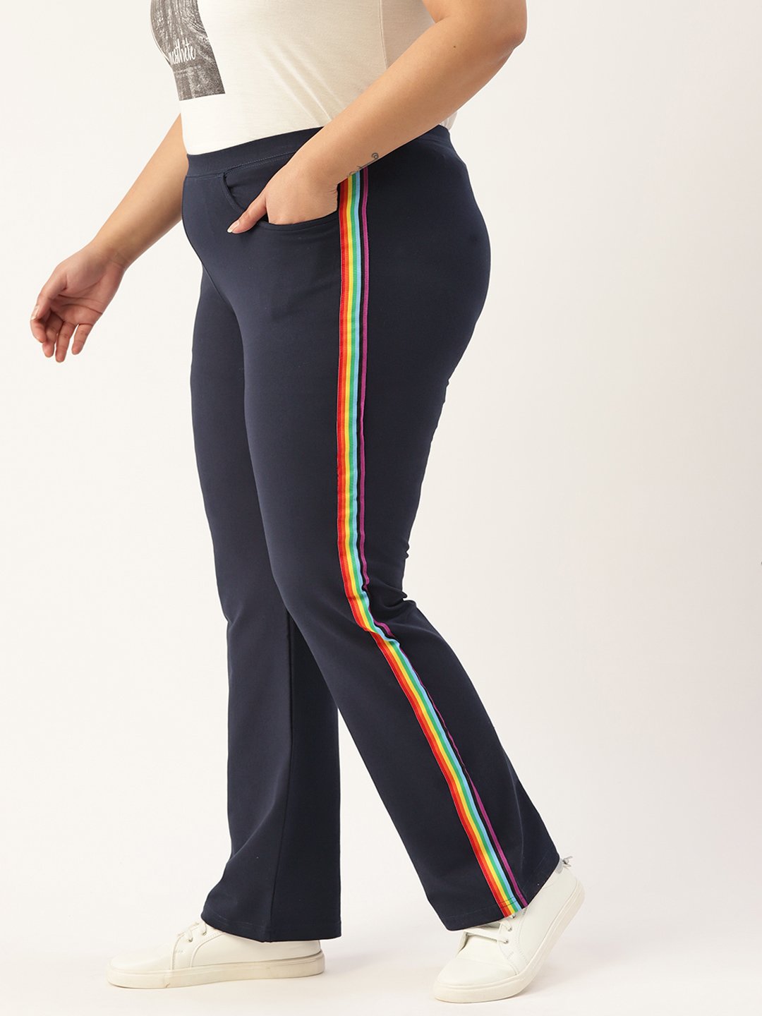Women's Plus Size Olive Green Solid Color Trousers With Side Stripes