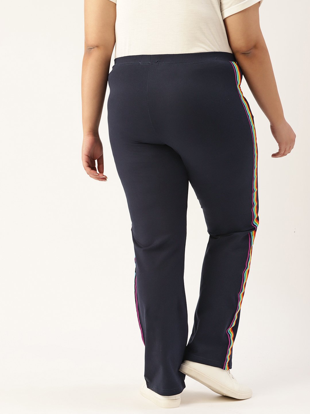 Women's Plus Size Olive Green Solid Color Trousers With Side Stripes