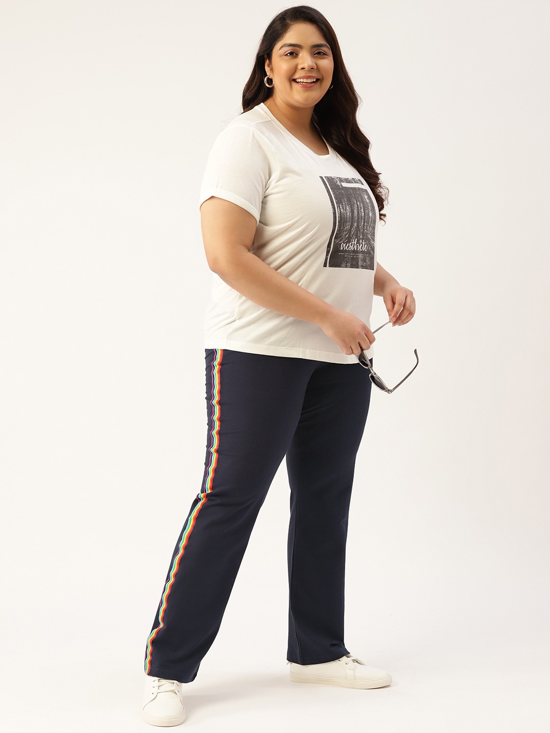 Women's Plus Size Olive Green Solid Color Trousers With Side Stripes