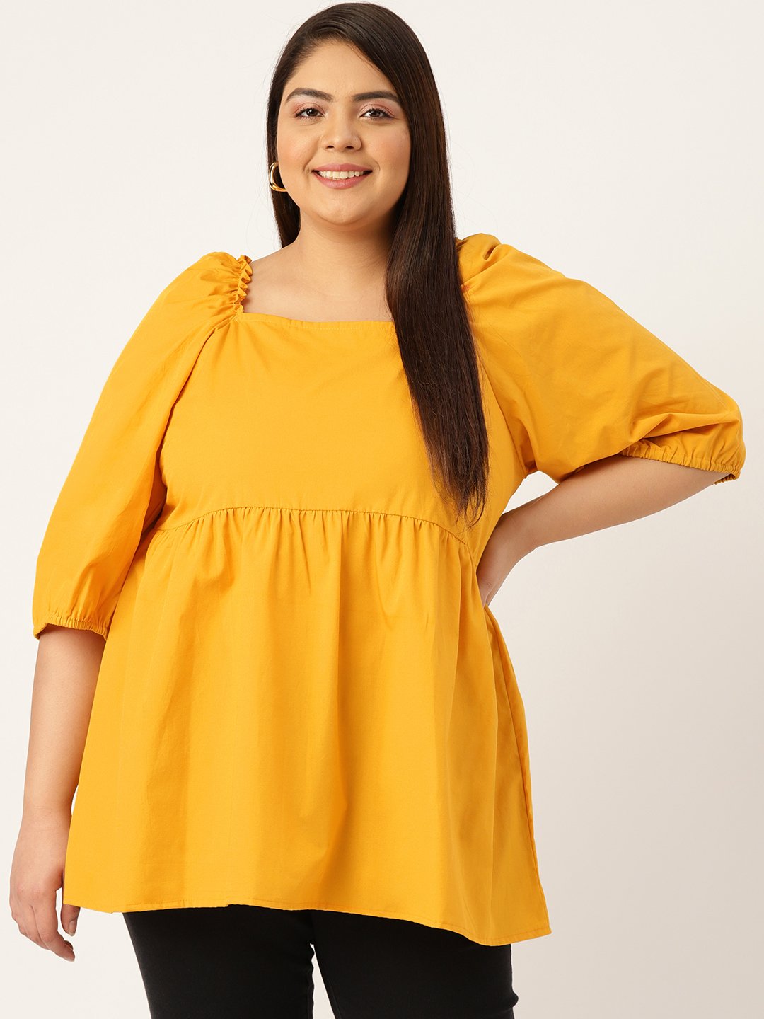 Women's Plus Size Mustard Solid Color Gathers Detailed Top
