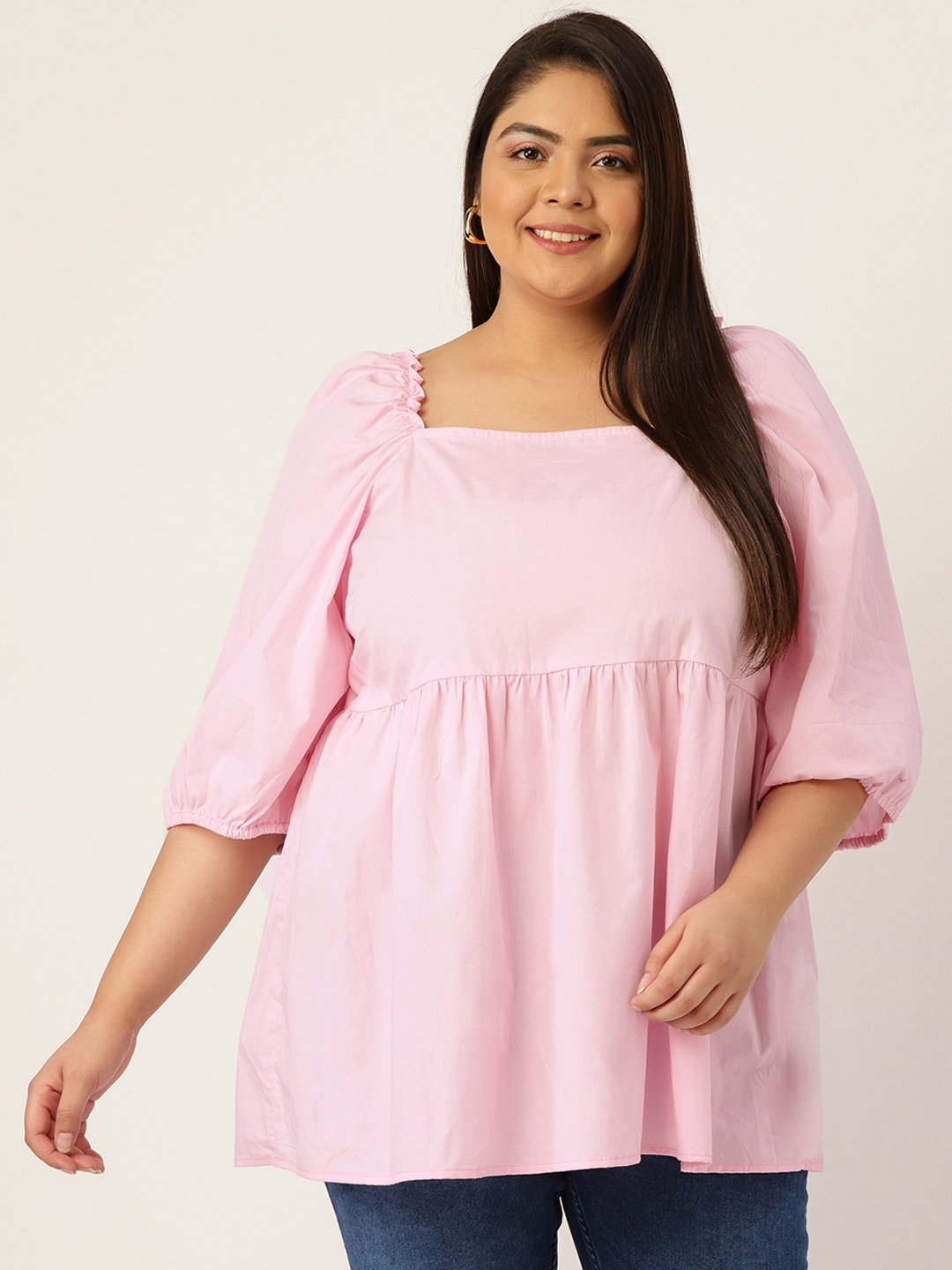 Women's Plus Size Pink Solid Color Gathers Detailed Top