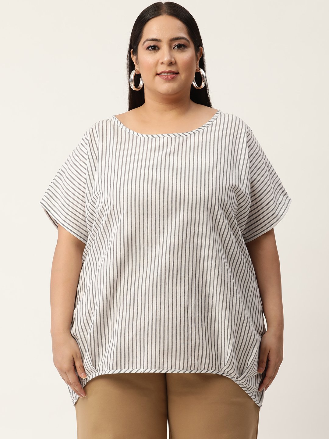 Women's Plus Size White & Grey Striped Printed High-Low Top