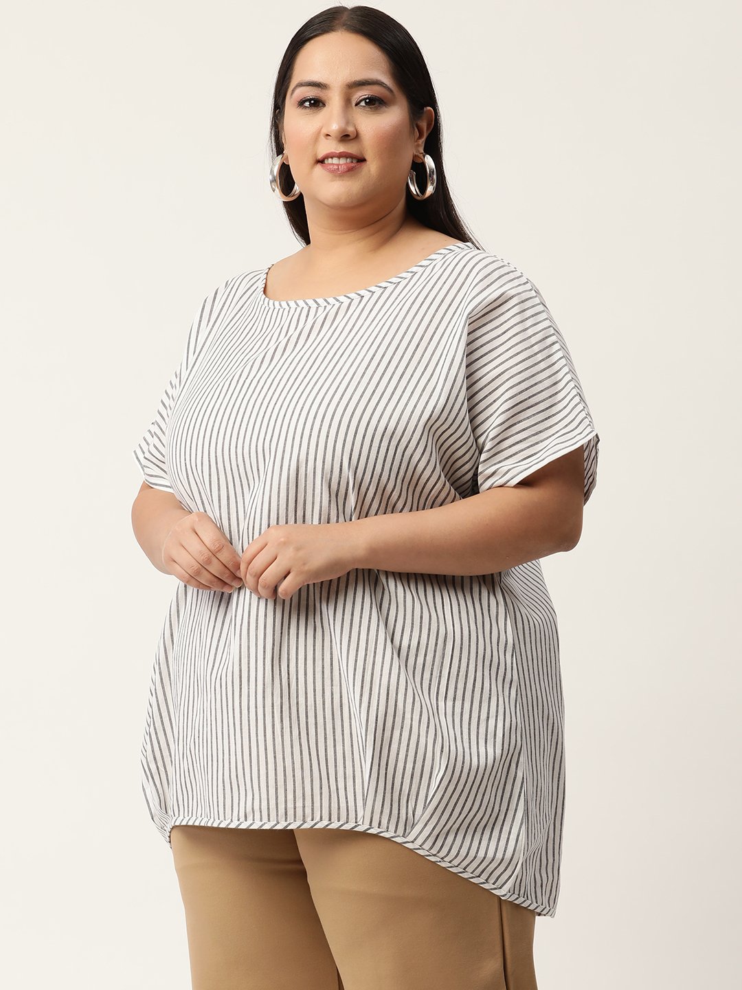 Women's Plus Size White & Grey Striped Printed High-Low Top