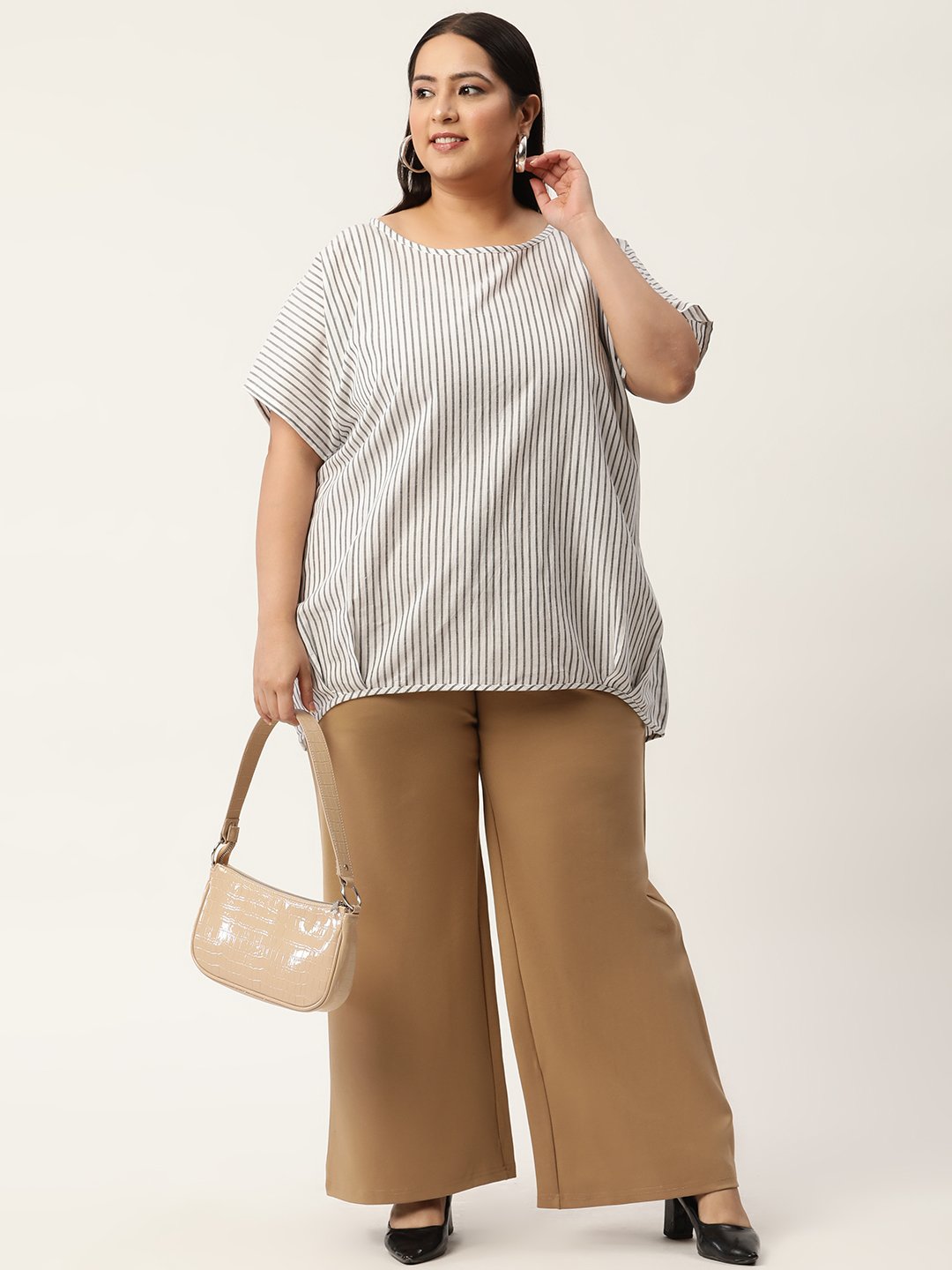 Women's Plus Size White & Grey Striped Printed High-Low Top