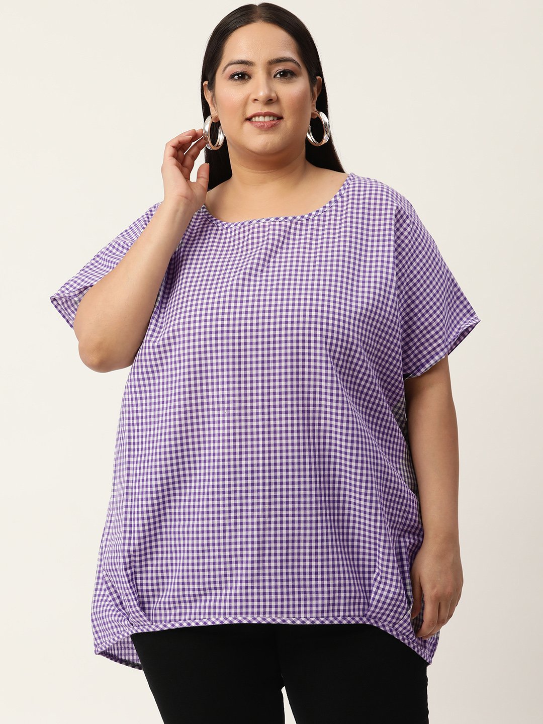 Women's Plus Size Purple & White Checked Printed High-Low Top