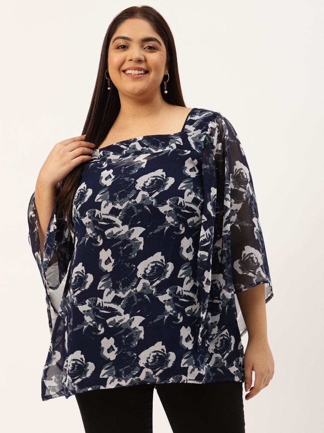 Women's Plus Size Navy Blue & Off White Floral Printed Georgette Longline Top