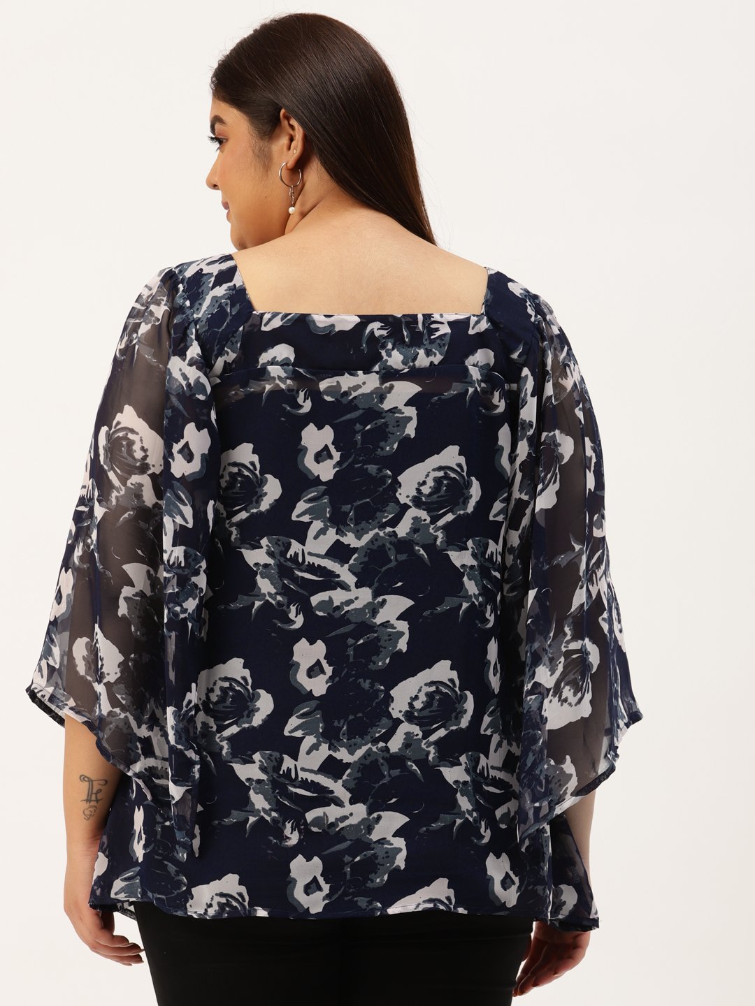 Women's Plus Size Navy Blue & Off White Floral Printed Georgette Longline Top