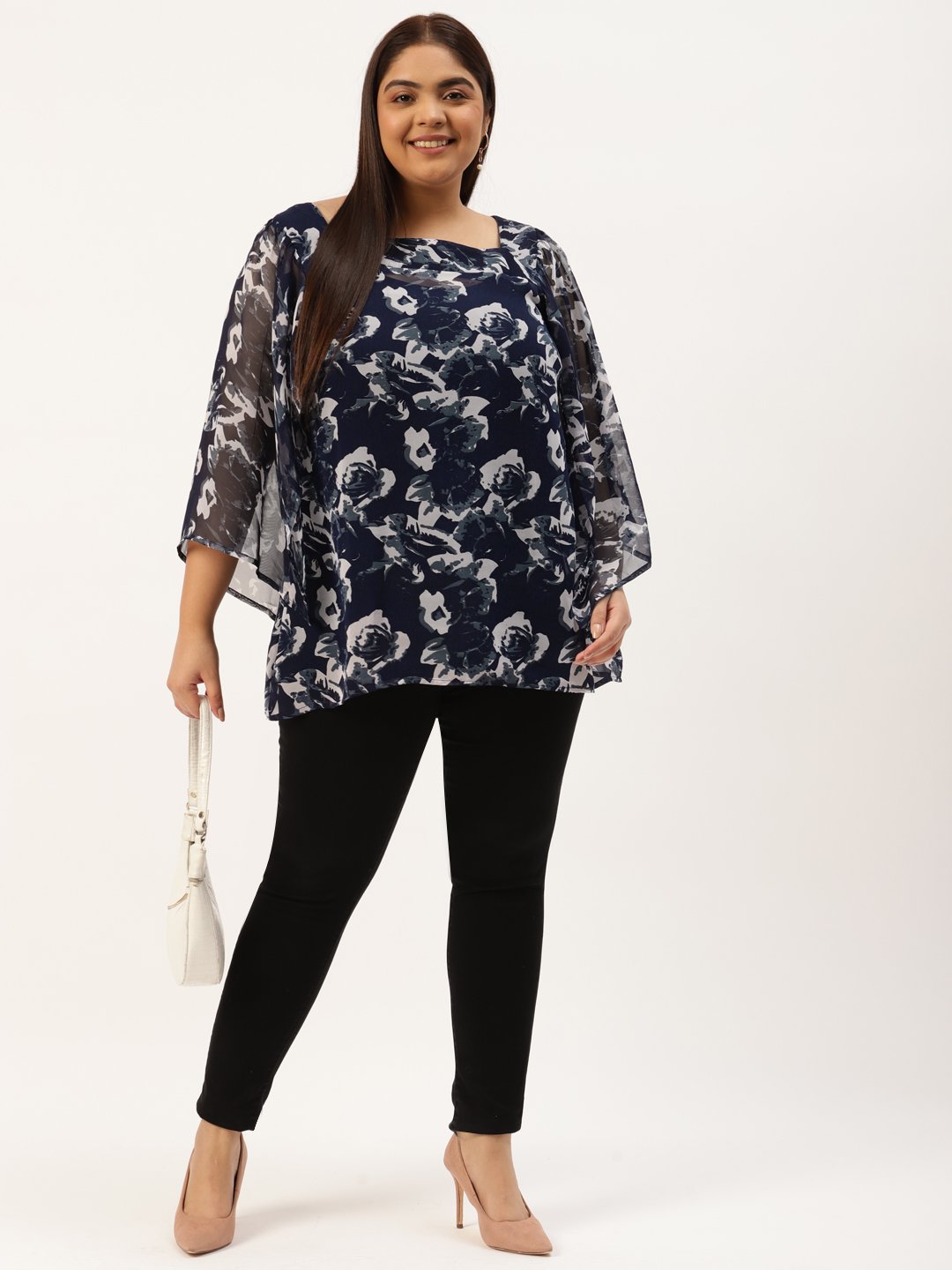 Women's Plus Size Navy Blue & Off White Floral Printed Georgette Longline Top