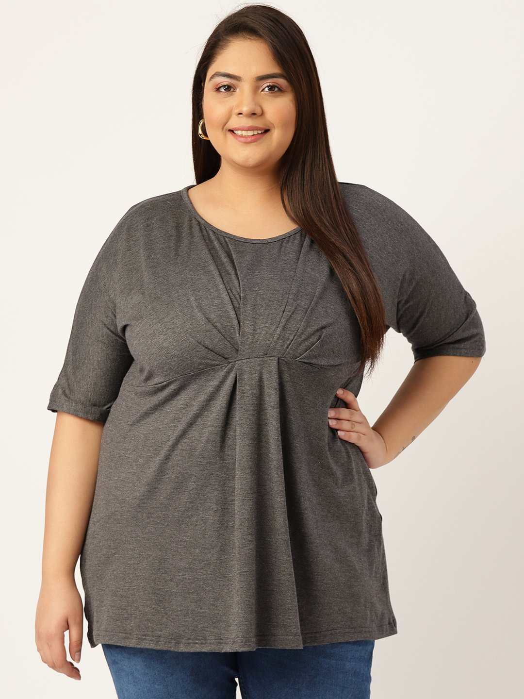 Women's Plus Size Charcoal Grey Solid Color Knitted Front-Gathered Top