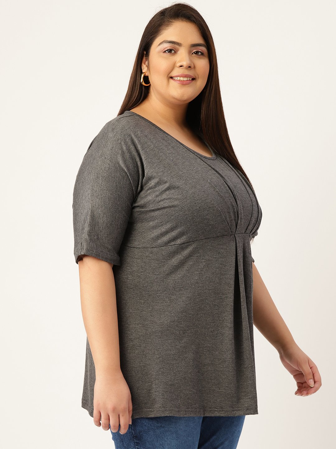 Women's Plus Size Charcoal Grey Solid Color Knitted Front-Gathered Top