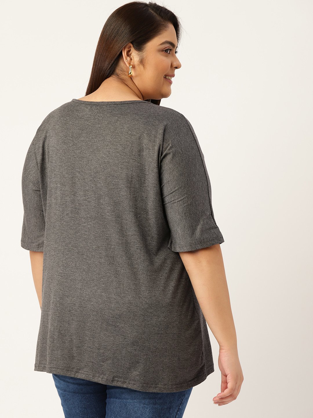 Women's Plus Size Charcoal Grey Solid Color Knitted Front-Gathered Top