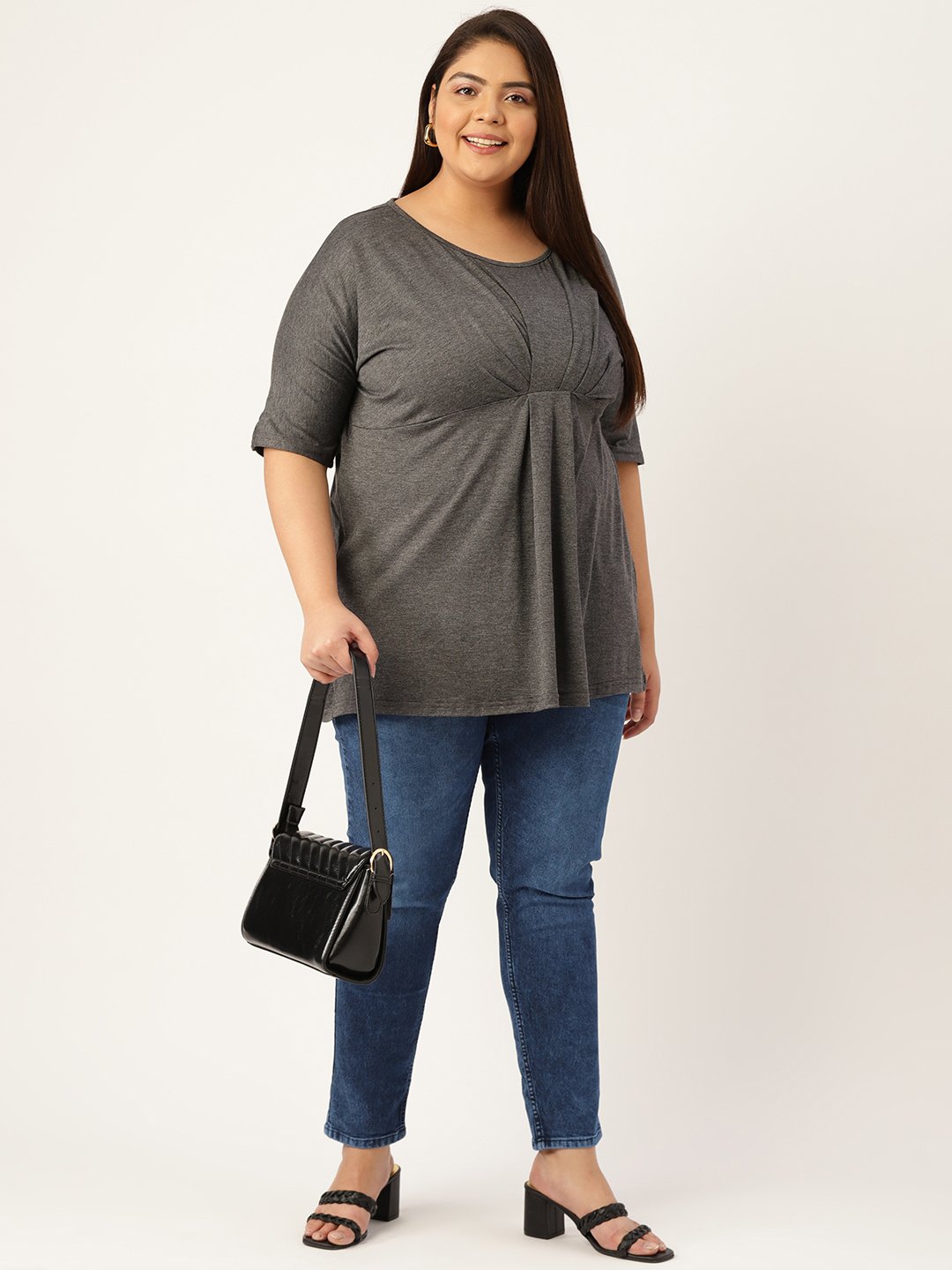 Women's Plus Size Charcoal Grey Solid Color Knitted Front-Gathered Top