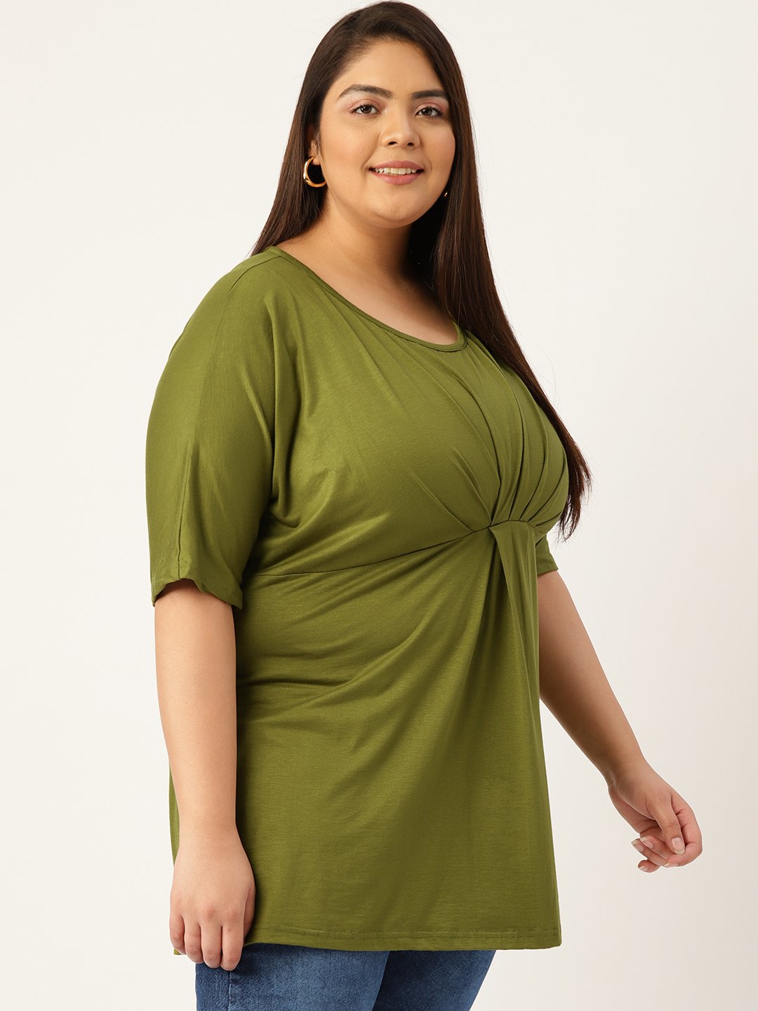 Women's Plus Size Olive Green Solid Color Knitted Front-Gathered Top