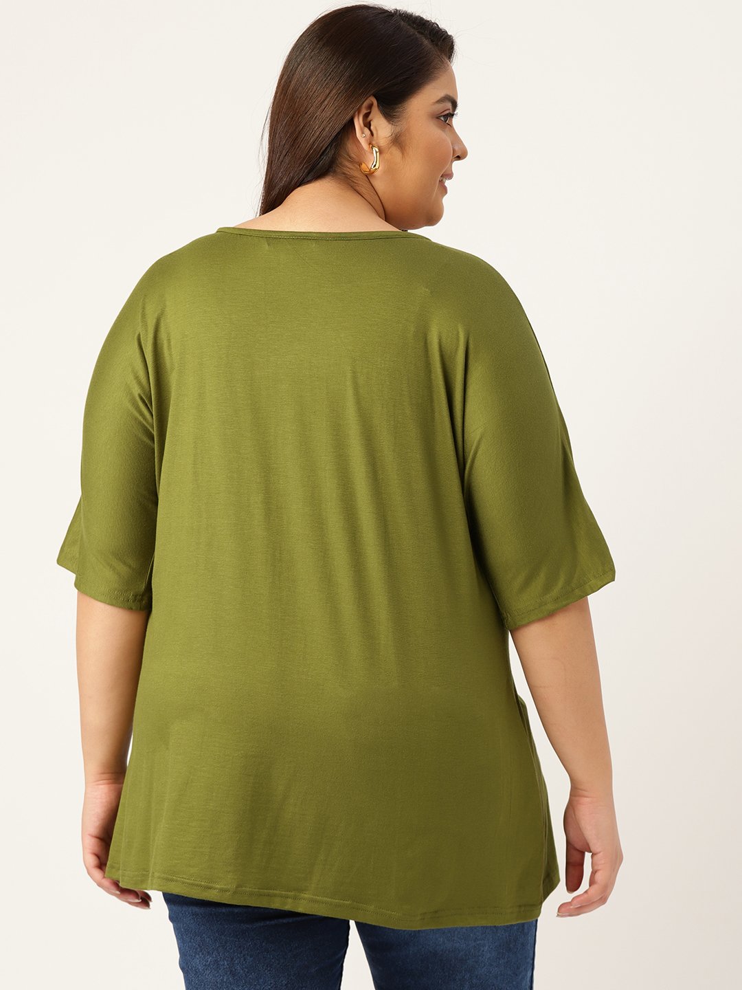 Women's Plus Size Olive Green Solid Color Knitted Front-Gathered Top