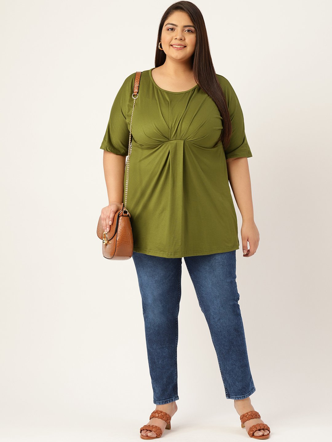 Women's Plus Size Olive Green Solid Color Knitted Front-Gathered Top