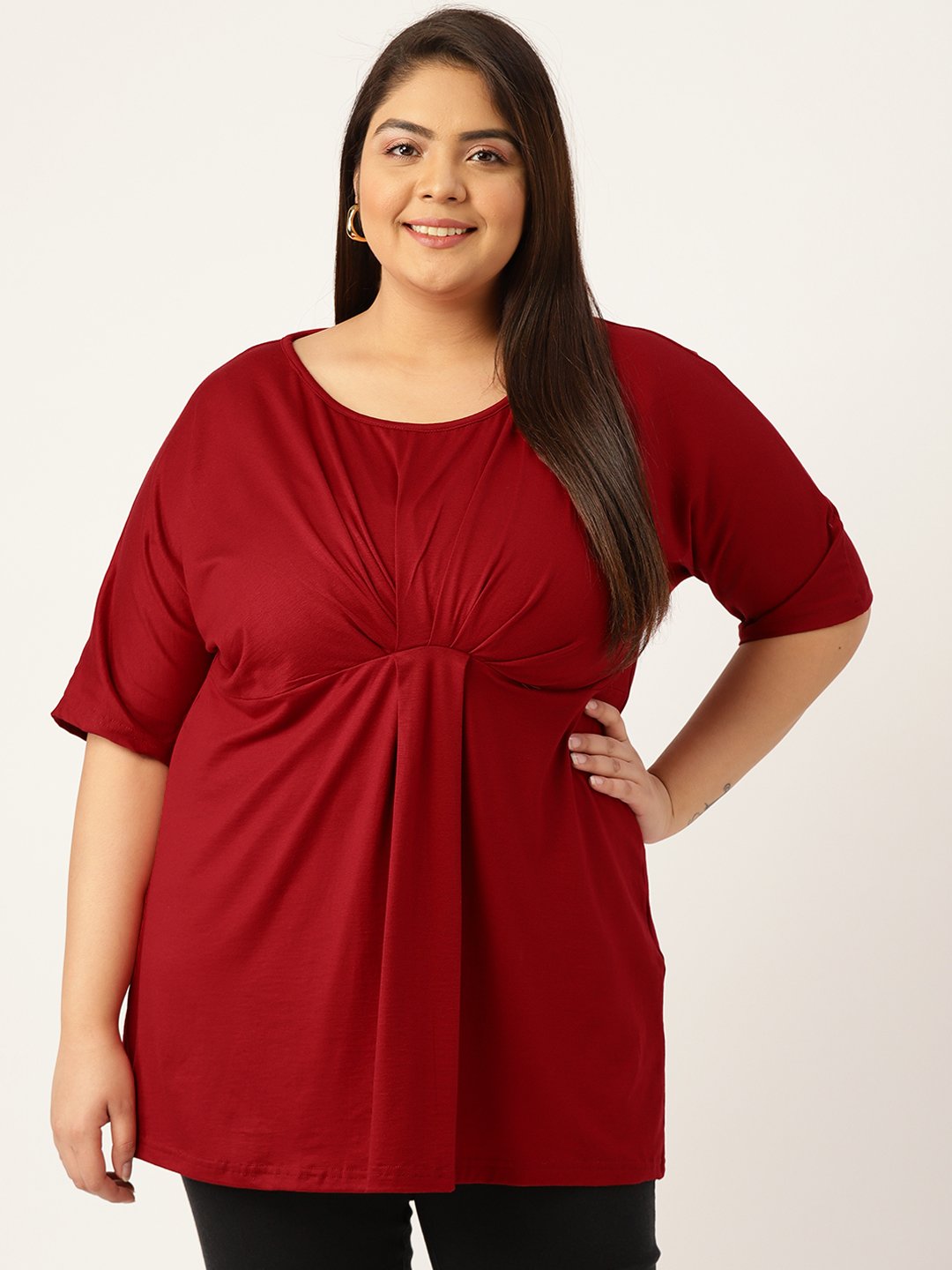 Women's Plus Size Maroon Solid Color Knitted Front-Gathered Top
