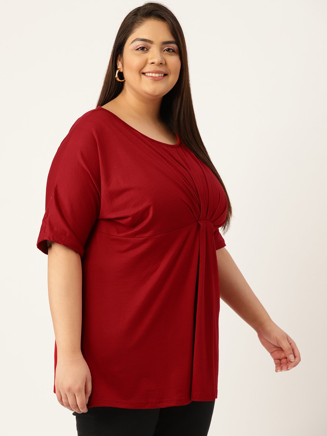 Women's Plus Size Maroon Solid Color Knitted Front-Gathered Top