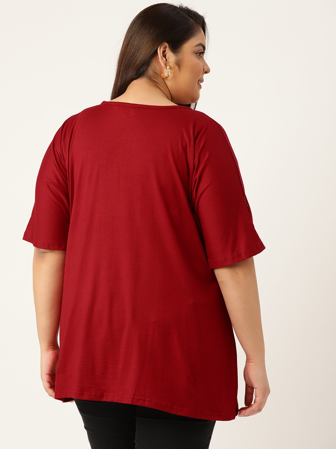 Women's Plus Size Maroon Solid Color Knitted Front-Gathered Top