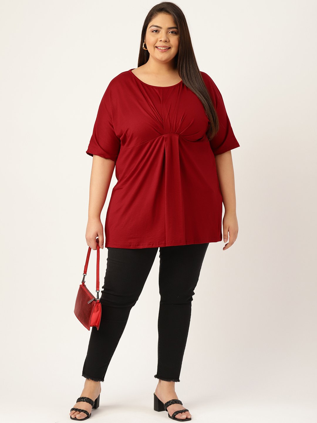 Women's Plus Size Maroon Solid Color Knitted Front-Gathered Top