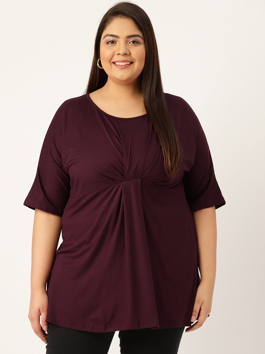 Women's Plus Size Purple Solid Color Knitted Front-Gathered Top