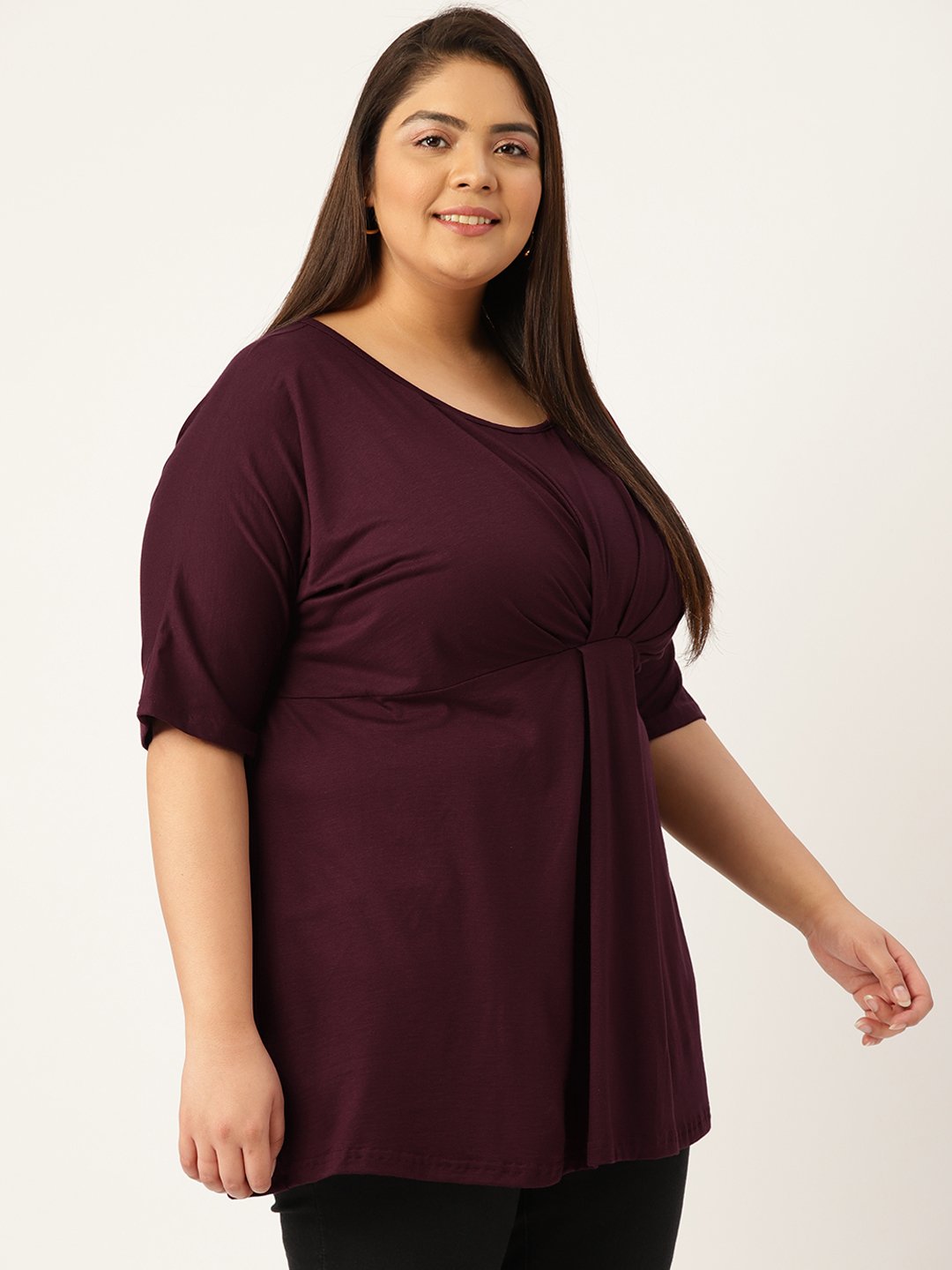 Women's Plus Size Purple Solid Color Knitted Front-Gathered Top