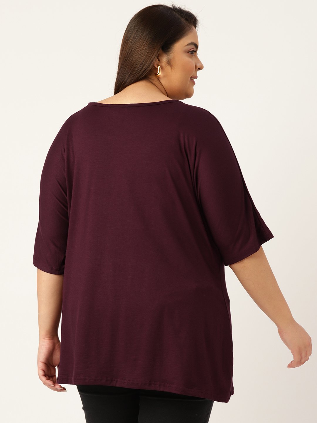 Women's Plus Size Purple Solid Color Knitted Front-Gathered Top