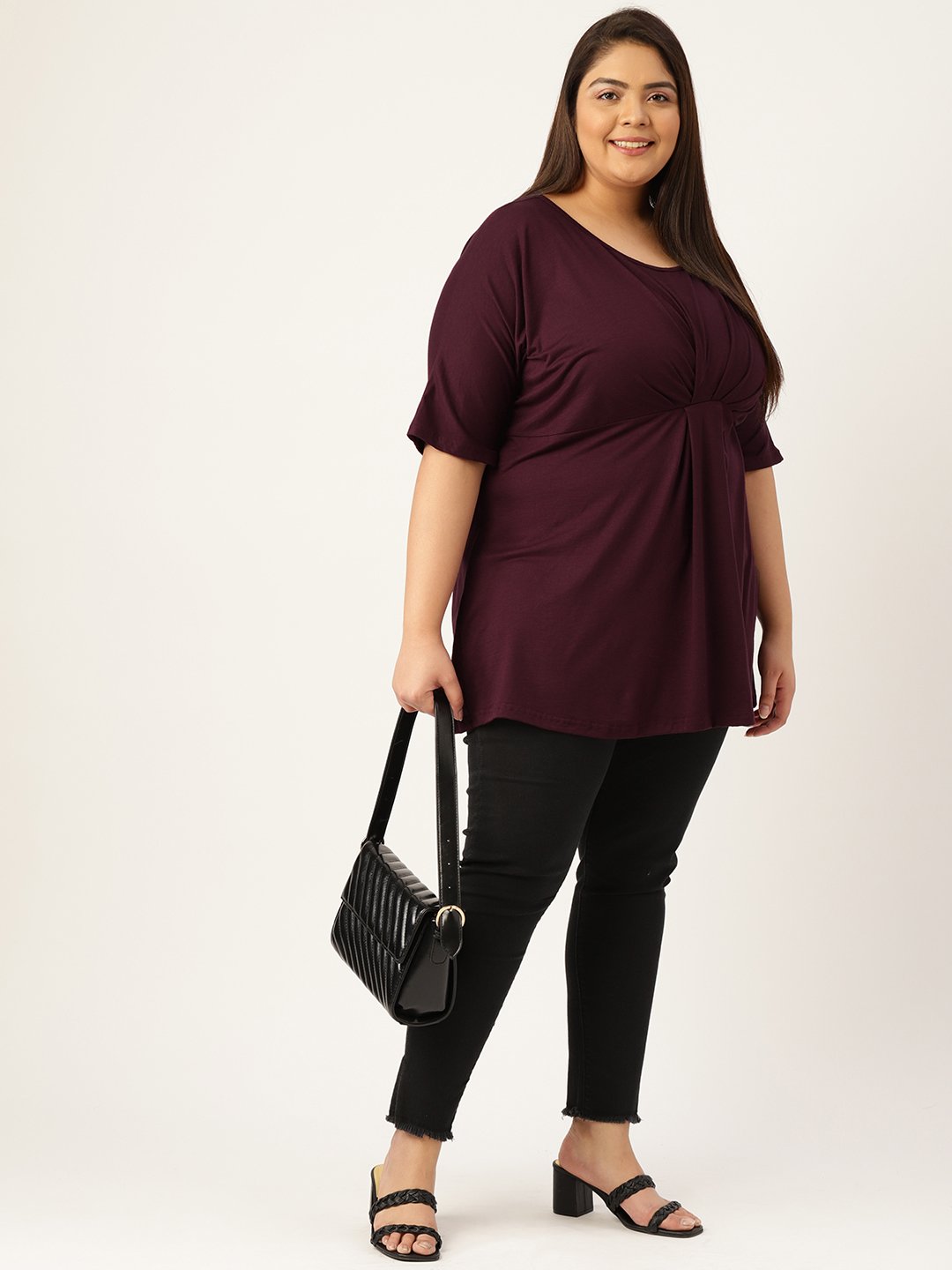 Women's Plus Size Purple Solid Color Knitted Front-Gathered Top