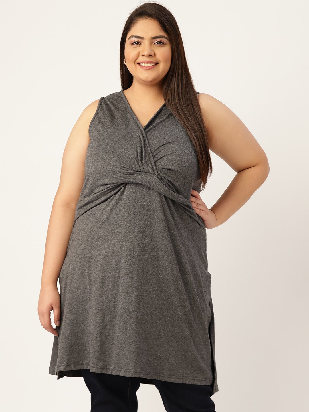 Women's Plus Size Charcoal Grey Solid Color Front-Gathered Longline Top