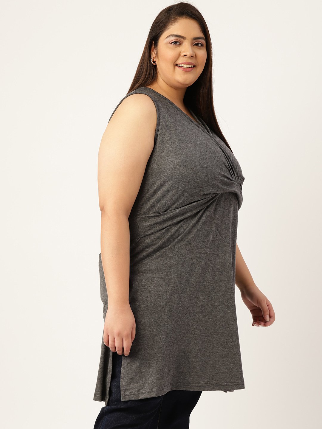 Women's Plus Size Charcoal Grey Solid Color Front-Gathered Longline Top