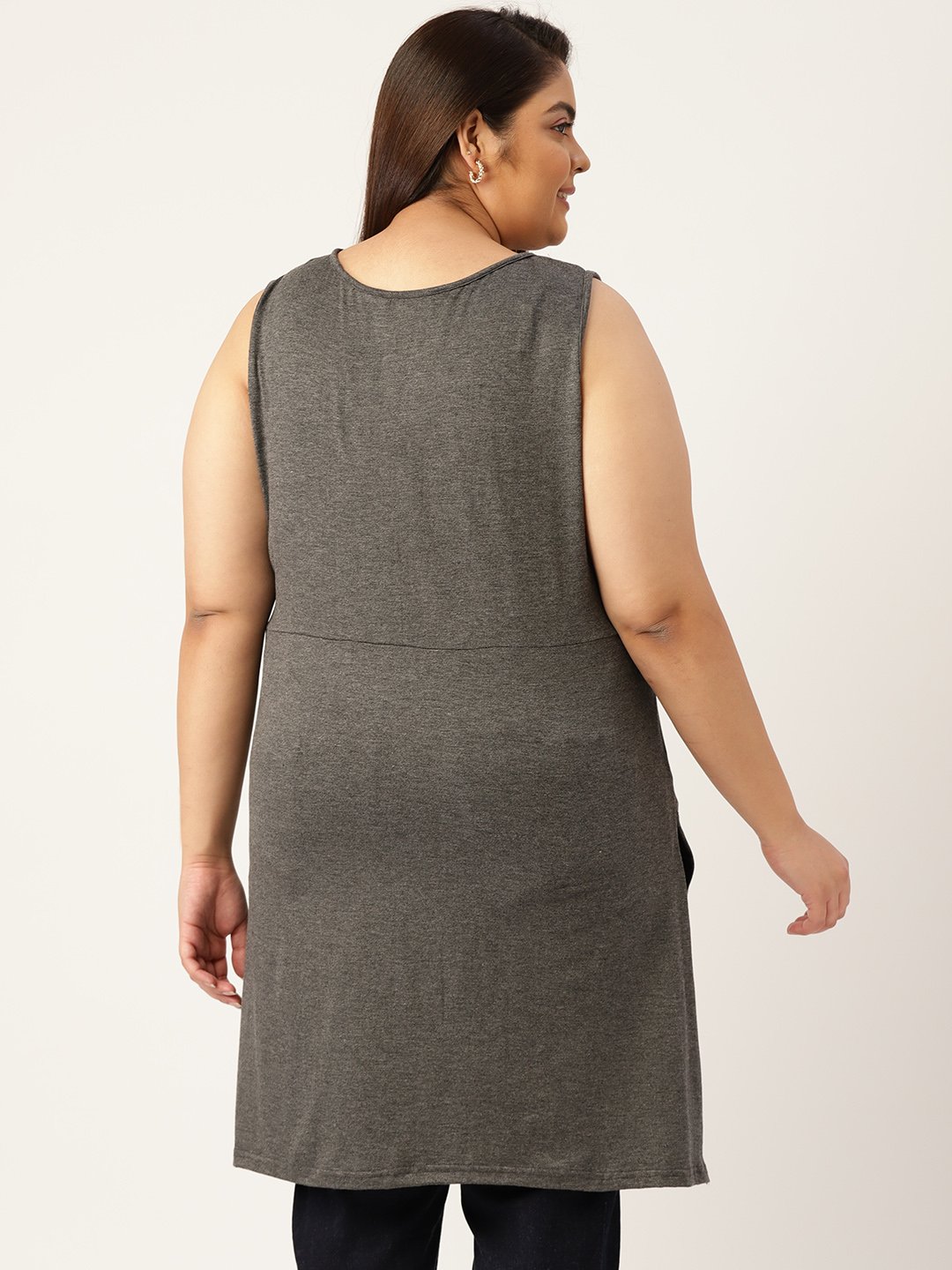 Women's Plus Size Charcoal Grey Solid Color Front-Gathered Longline Top