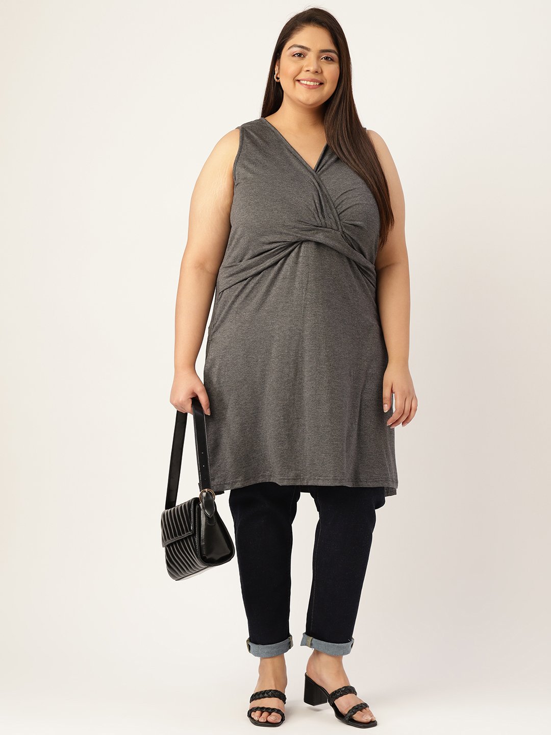 Women's Plus Size Charcoal Grey Solid Color Front-Gathered Longline Top
