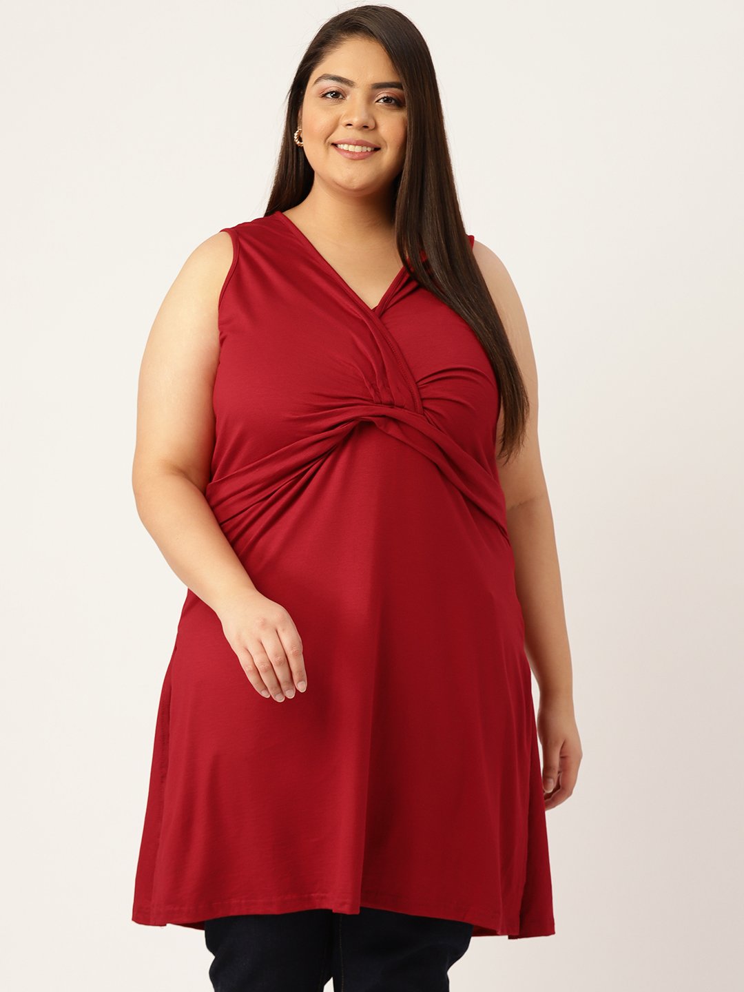 Women's Plus Size Maroon Solid Color Front-Gathered Longline Top