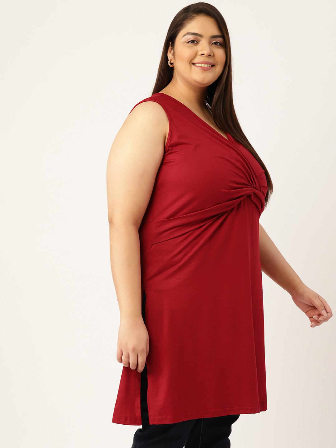 Women's Plus Size Maroon Solid Color Front-Gathered Longline Top