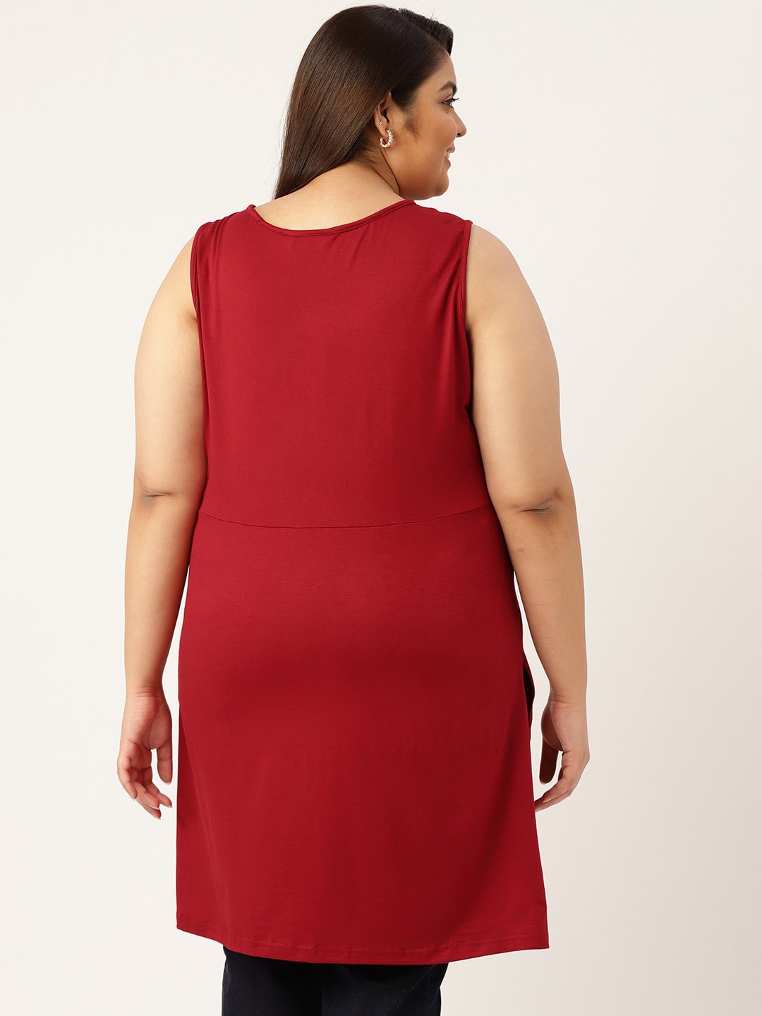 Women's Plus Size Maroon Solid Color Front-Gathered Longline Top