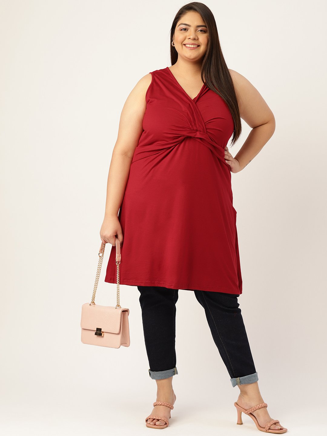 Women's Plus Size Maroon Solid Color Front-Gathered Longline Top