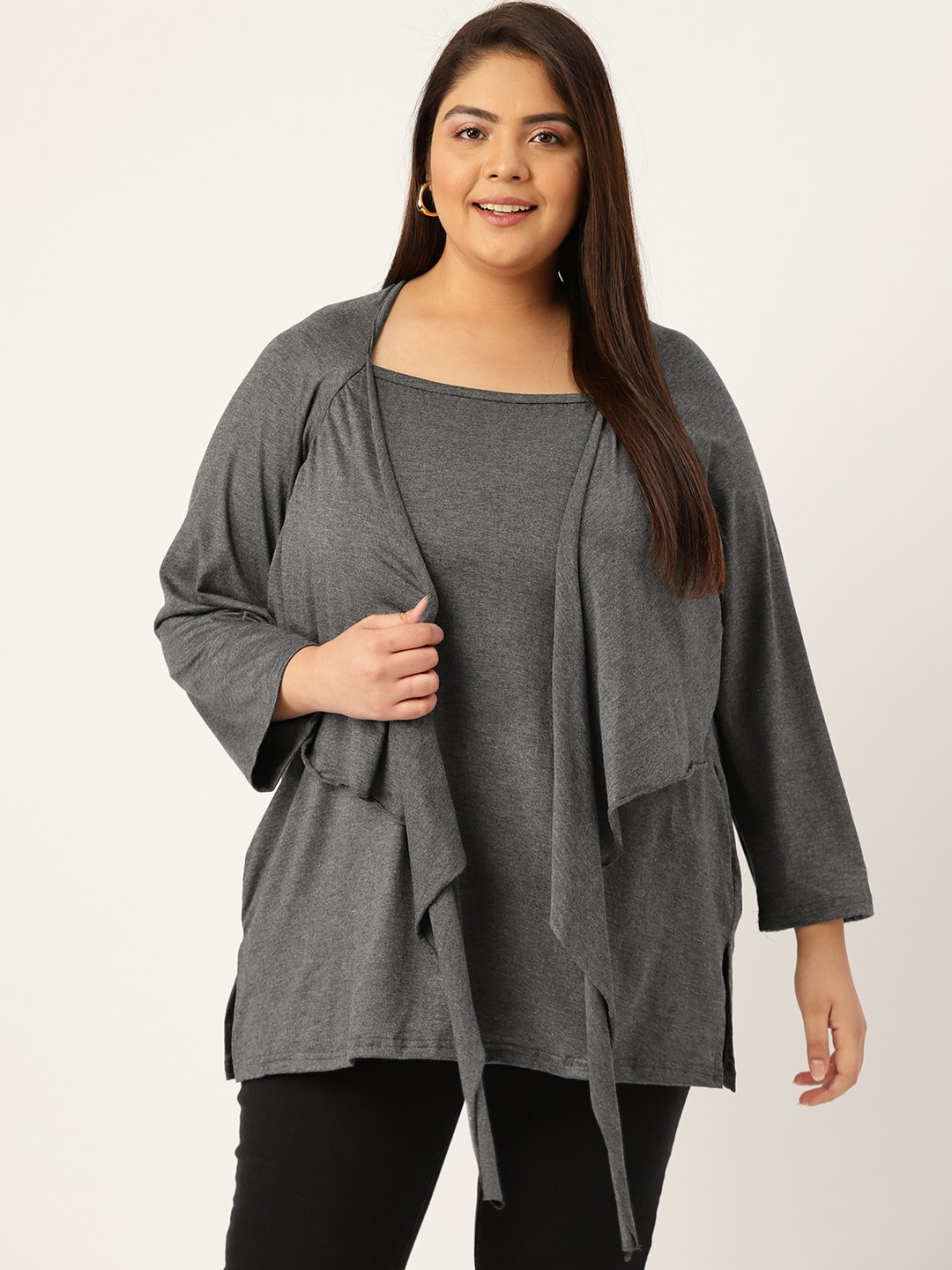 Women's Plus Size Charcoal Grey Solid Color Knitted Longline Top