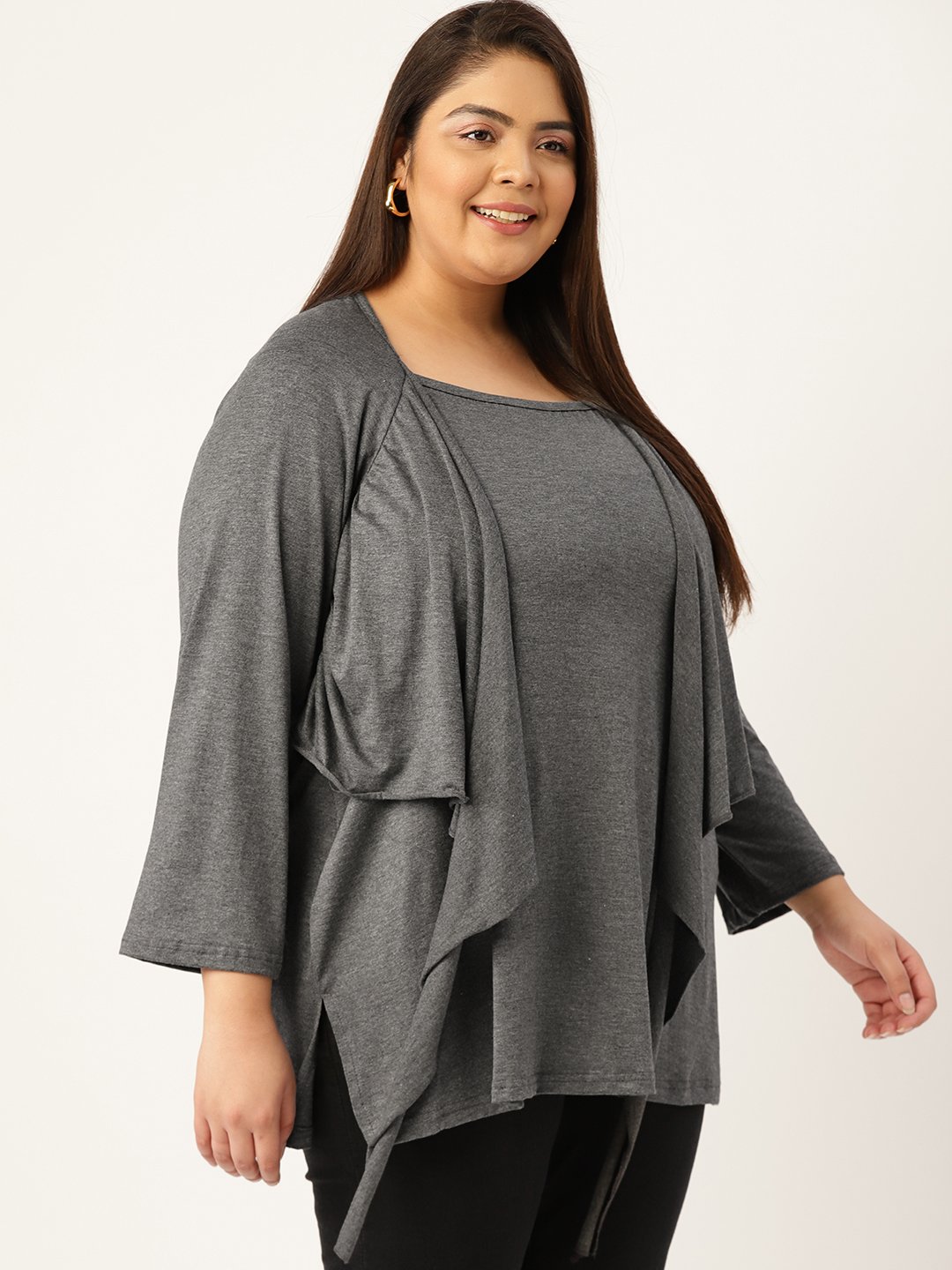 Women's Plus Size Charcoal Grey Solid Color Knitted Longline Top