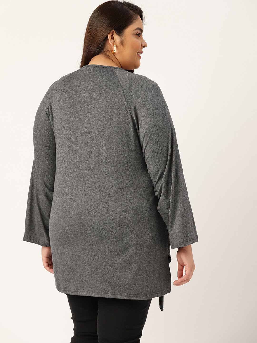Women's Plus Size Charcoal Grey Solid Color Knitted Longline Top