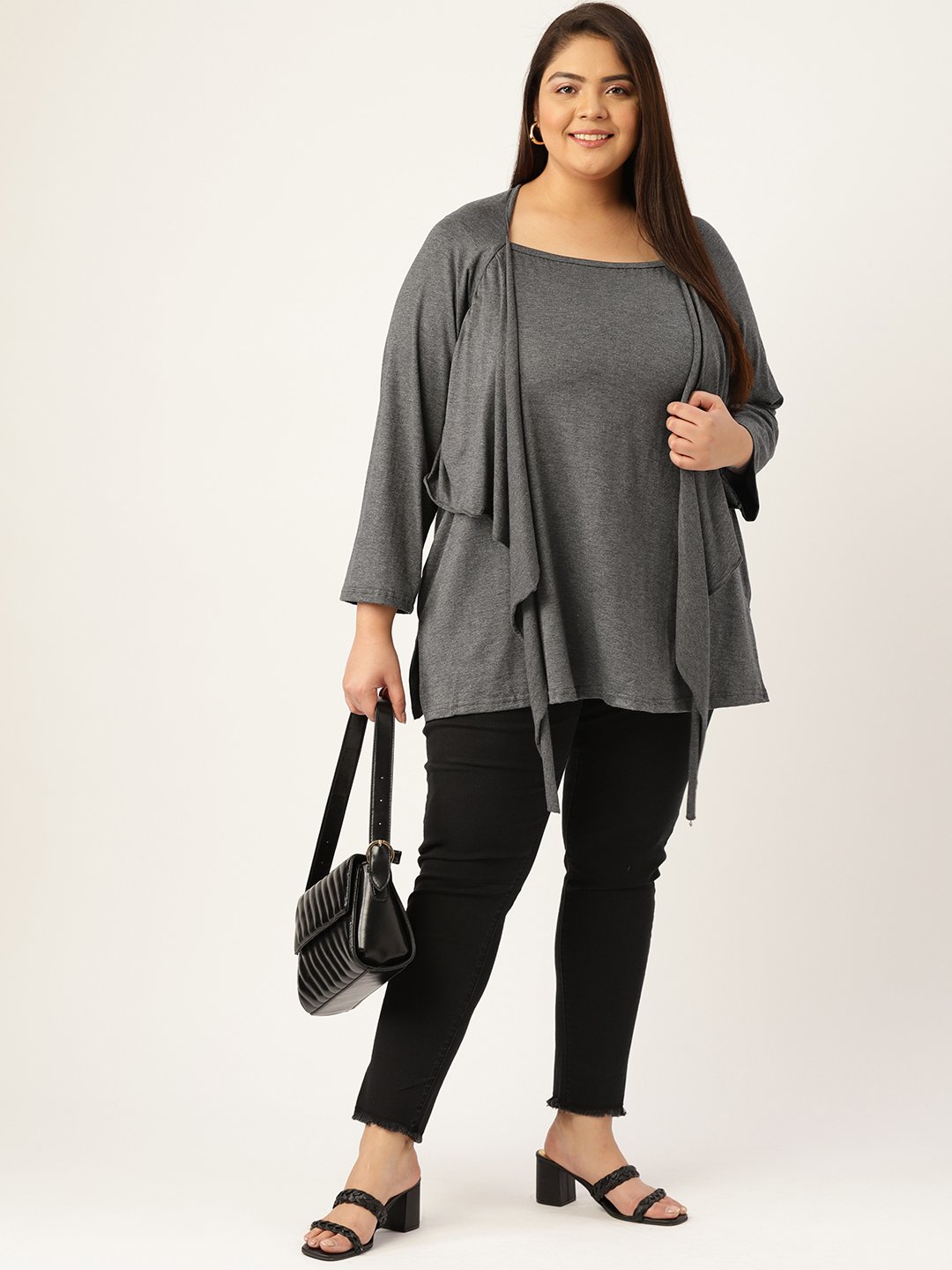 Women's Plus Size Charcoal Grey Solid Color Knitted Longline Top
