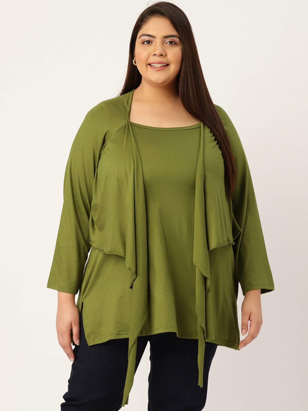 Women's Plus Size Olive Green Solid Color Knitted Longline Top