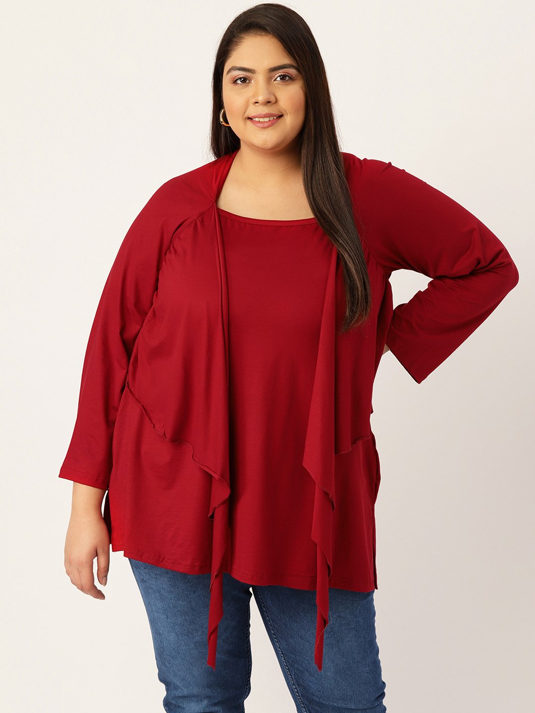 Women's Plus Size Maroon Solid Color Knitted Longline Top